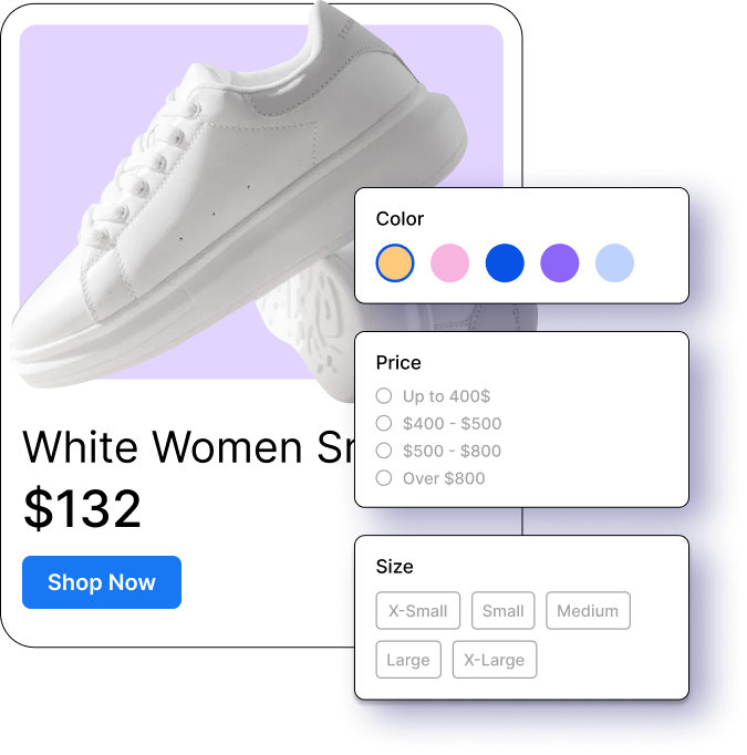 Product listing with color, price and size options