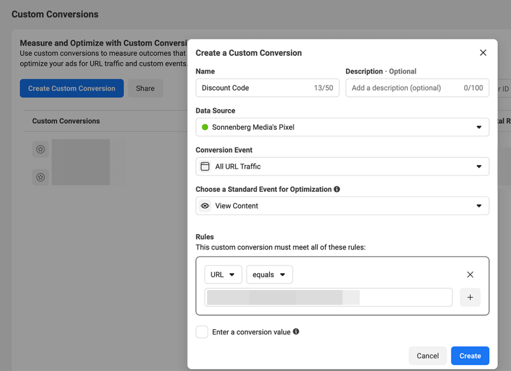 Facebook Events Manager and select "Custom Conversions"