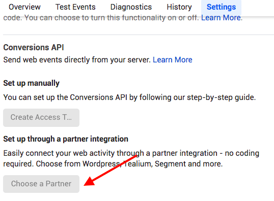 Navigate to the Conversions API section and select a Partner.