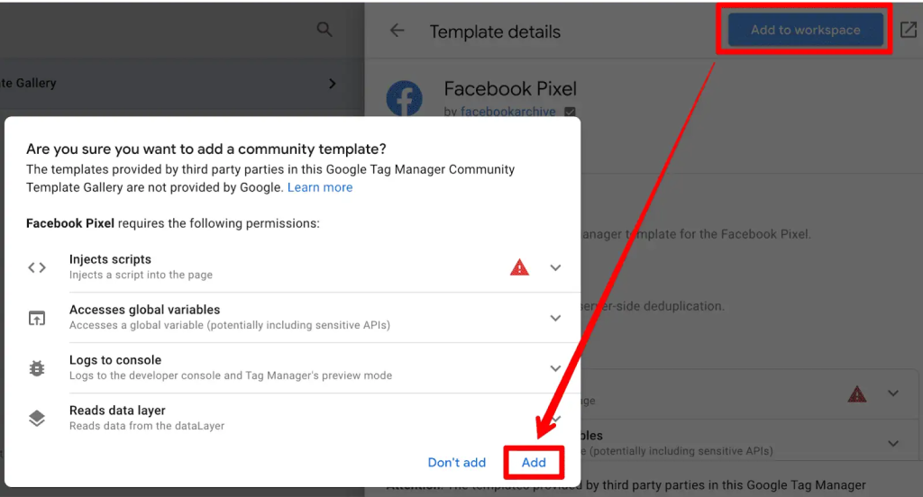 Select the "Add to Workspace" button Facebook Pixel with Google Tag Manager