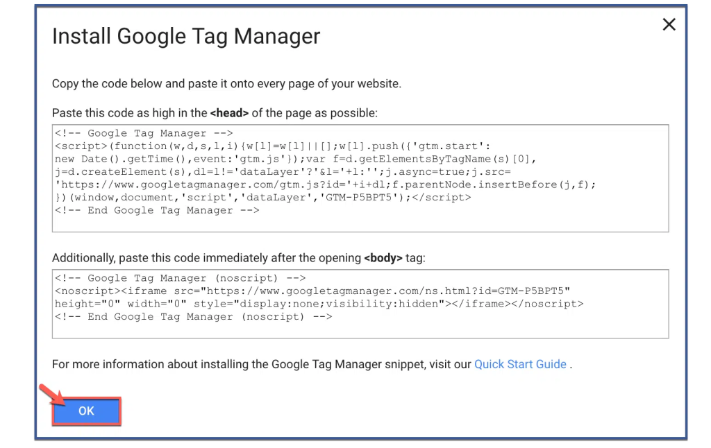 find your GTM Container ID and the container snippet code