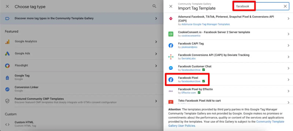 locate the Facebook Pixel template Facebook Pixel with Google Tag Manager