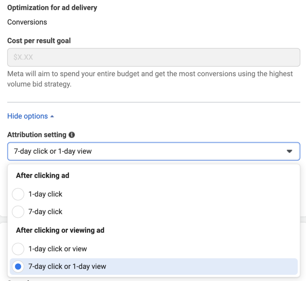 Attribution setting in Facebook ads