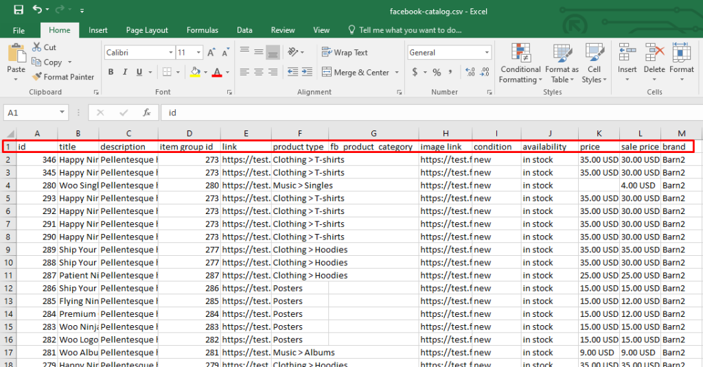 How your data feed for Facebook catalog spreadsheet file will look like