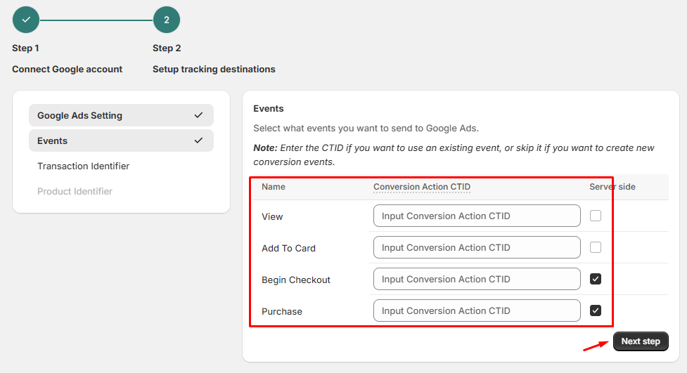 Pick the events you want to track