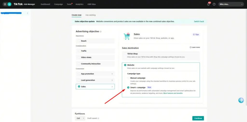 Choose Sales as the objective. Select Website. Pick Smart+ Campaign, then click Continue.