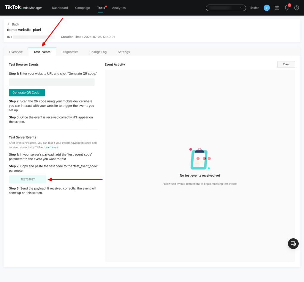 navigate to the Test Events tab and get your Test Code.