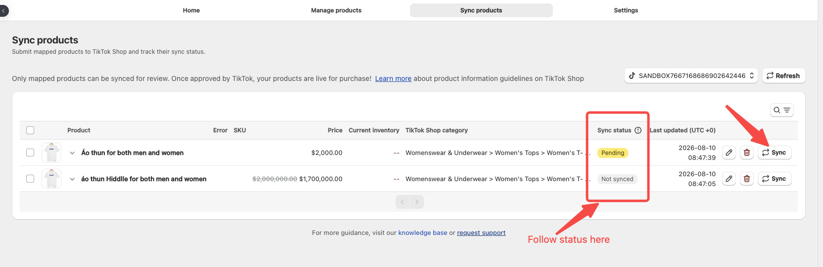 Sync products to TikTok Shop