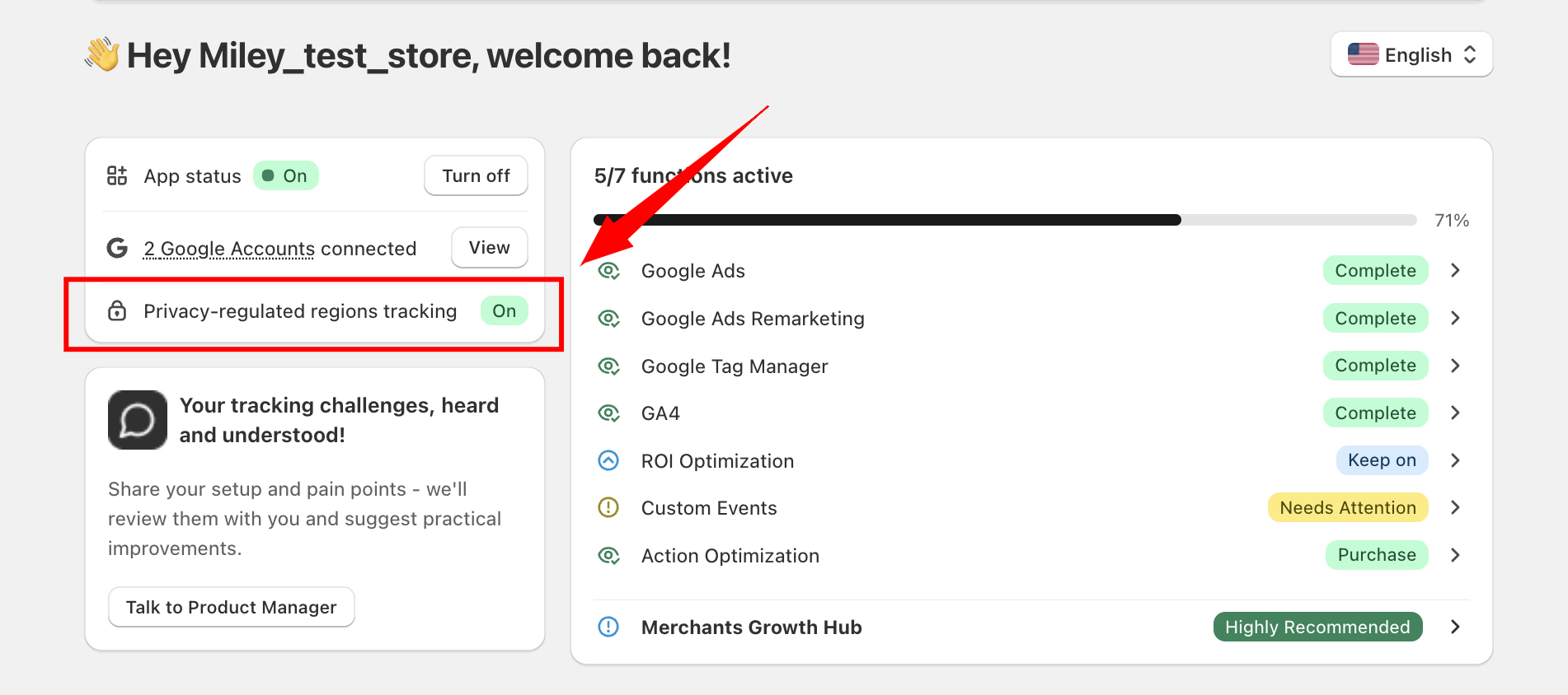 consent tracking is now shown as On