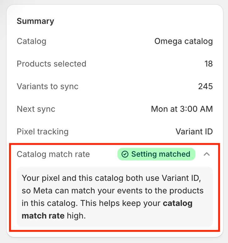 Summary on the right shows your catalog match rate status