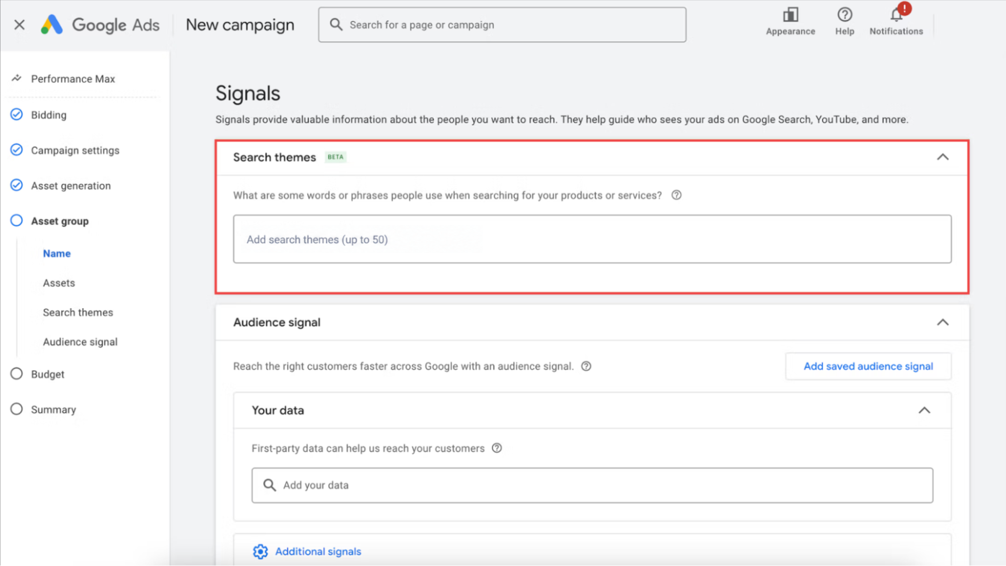Audience signals and search themes in Google Ads